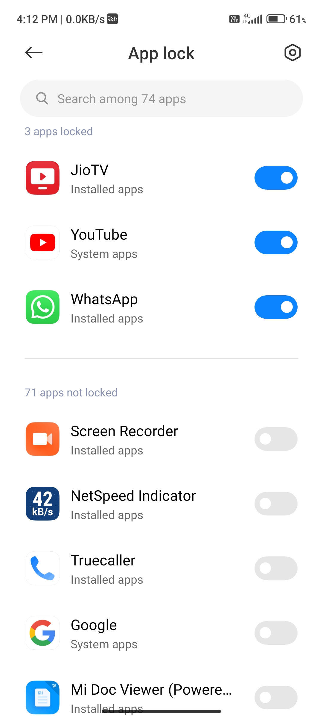 App lock settings process 